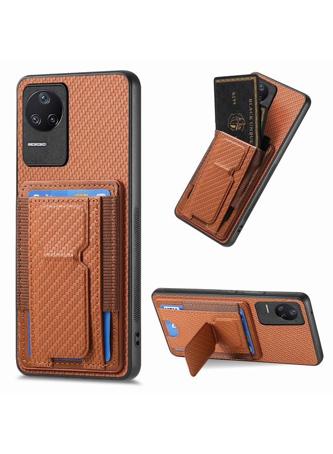 Green Tiger For Xiaomi Redmi K50 / K50 Pro Carbon Fiber Fold Stand Elastic Card Bag Phone Case(Brown)