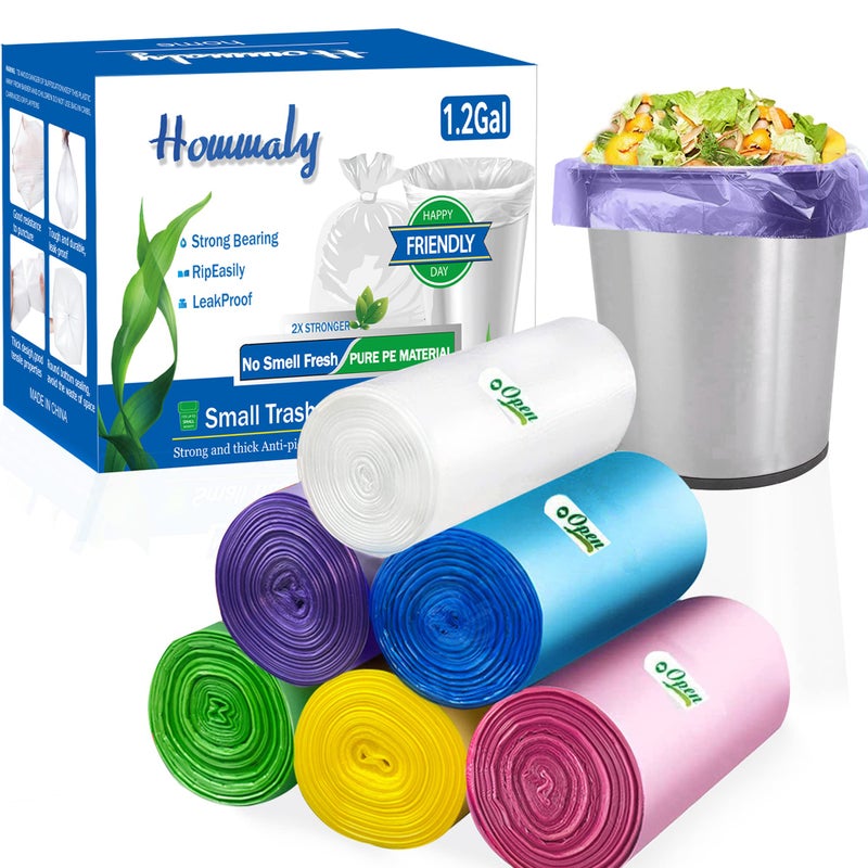 HOMMALY 1.2 Gallon Multi Small Trash Bags,Garbage Bag Bin Liners, 5 Liters Bin Bags Wastebasket Bags for home office kitchen Trash Can,Bathroom,Bedroom 300 Counts 6 Color - Image 1