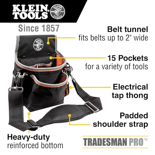 Klein Tools 5243 Tradesman Pro Tool Pouch with Padded Shoulder Strap Reinforced Bottoms and Electrical Tape Thong 15Pocket - Image 3