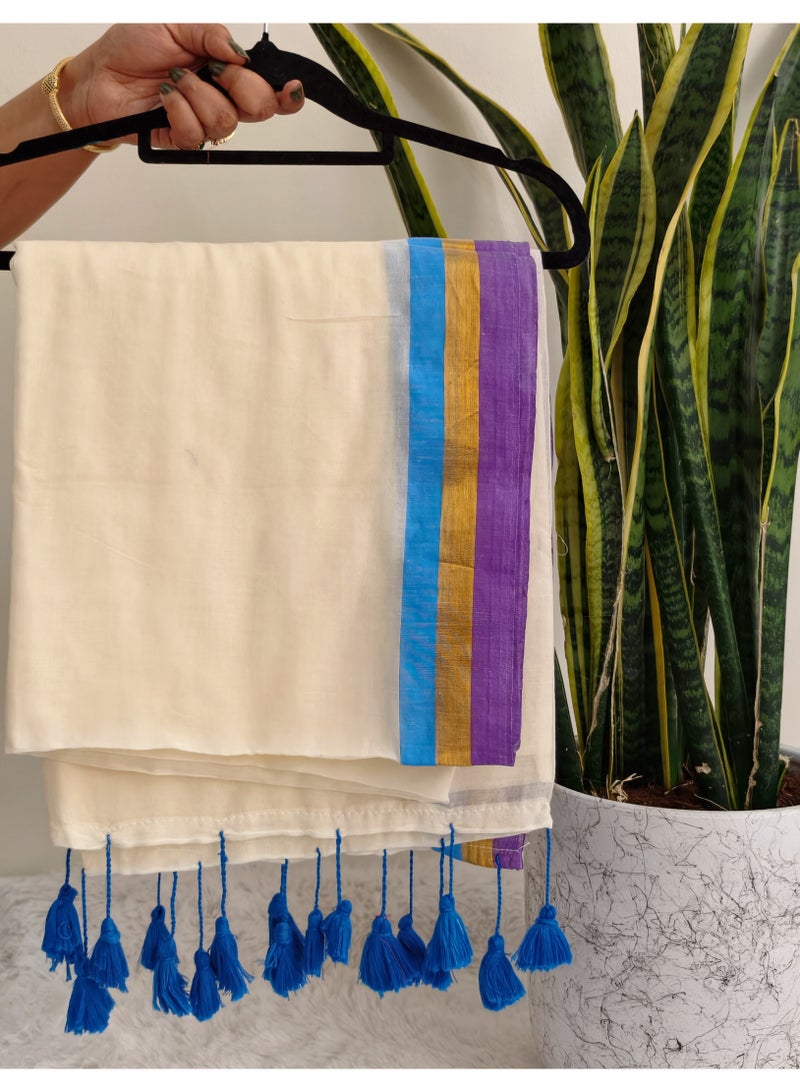 Women Kerala Traditional Mul cotton saree, Onam inspired saree with kasavu borders | Traditional Kerala saree onam outfit - Image 1