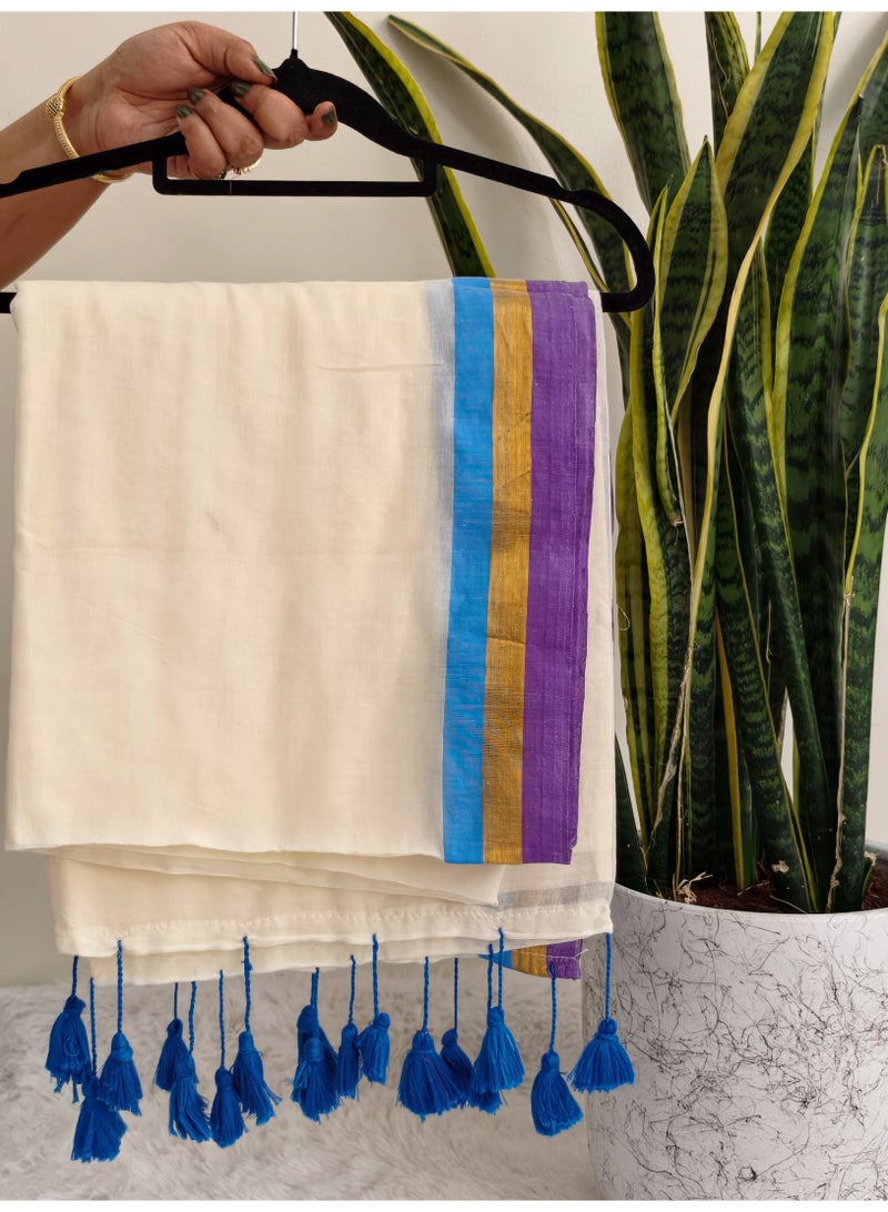 Women Kerala Traditional Mul cotton saree, Onam inspired saree with kasavu borders | Traditional Kerala saree onam outfit - Image 2