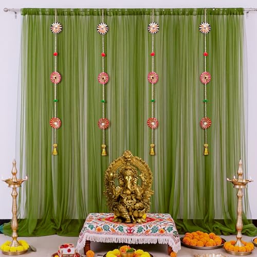 SpecialYou.in SpecialYou® Ganpati Decoration Setup for Home with Dark Green Chiffon Like Back Drop Curtain for Decor & Chakra Wall Hanging Decor, Ganesh Decoration Items for Home Decor Items - 11 Pcs - Image 1