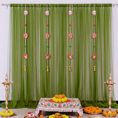 SpecialYou.in SpecialYou® Ganpati Decoration Setup for Home with Dark Green Chiffon Like Back Drop Curtain for Decor & Chakra Wall Hanging Decor, Ganesh Decoration Items for Home Decor Items - 11 Pcs - Image 5
