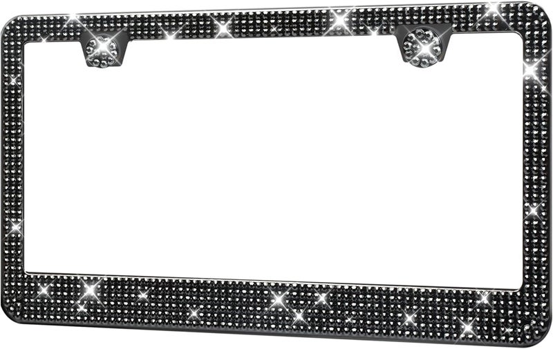 HOTOR License Plate Frame - Lastingly Bling and Sparkly License Plate Frame for Women, Stainless Steel & Obstruction-Free Frame with Multifaceted Rhinestones,Black, 1 Pack