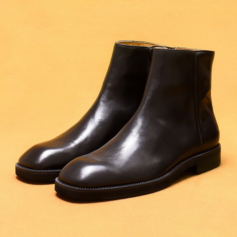 [Active] Popular Boots Genuine Leather British Retro Knight Boots Square Toe Zipper Cowhide Boots - Image 2