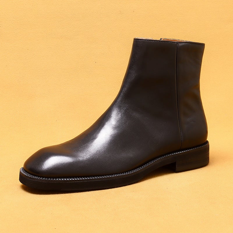 [Active] Popular Boots Genuine Leather British Retro Knight Boots Square Toe Zipper Cowhide Boots - Image 3