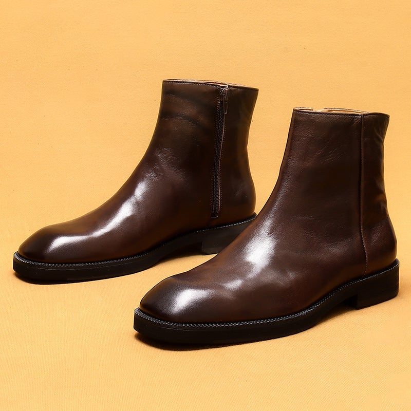 [Active] Popular Boots Genuine Leather British Retro Knight Boots Square Toe Zipper Cowhide Boots - Image 1