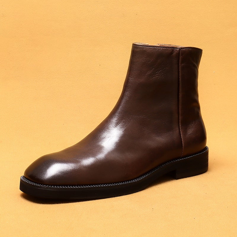 [Active] Popular Boots Genuine Leather British Retro Knight Boots Square Toe Zipper Cowhide Boots - Image 5
