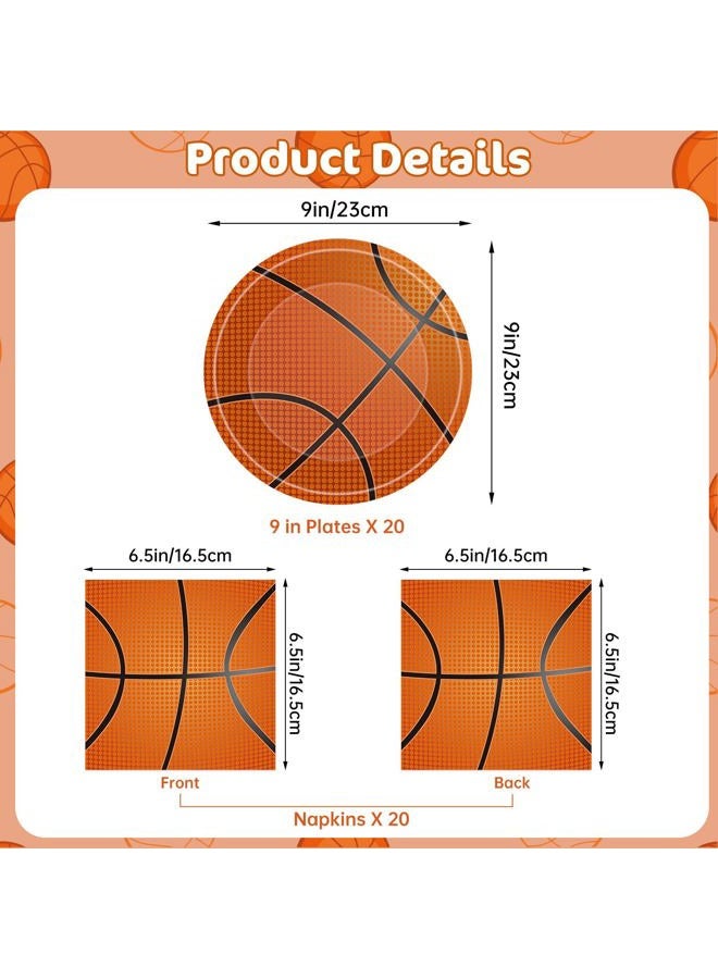Litmitfu 40 Pcs Basketball Plates and Napkins Sets - Sports Birthday Party Supplies Tableware, Brown Disposable Paper Plates Napkins Kit for Basketball Birthday Party Decorations Table Decor, Serves 20 - Image 3