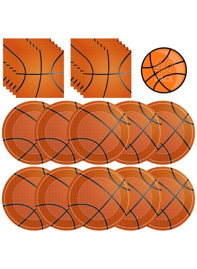Litmitfu 40 Pcs Basketball Plates and Napkins Sets - Sports Birthday Party Supplies Tableware, Brown Disposable Paper Plates Napkins Kit for Basketball Birthday Party Decorations Table Decor, Serves 20 - Image 1