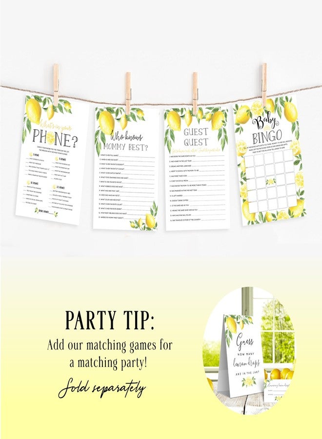 يور ماين إيفينت برينتس ألعاب حفل استقبال المولود الجديد من Your Main Event Prints بنقشة زهور الليمون - لعبة بينغو BabyQ، لعبة مهمة الضيوف، لعبة من يعرف الأم أكثر، لعبة ماذا يوجد في هاتفك - 25 لعبة لكل جانب، لعبة واحدة لكل جانب - Image 2