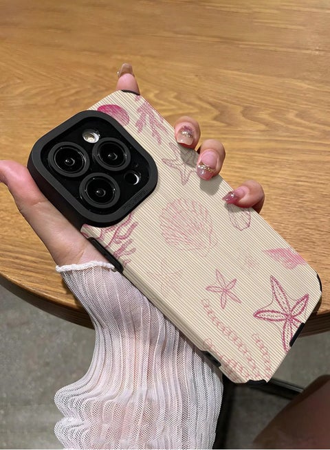 One piece, soft grip and drop-resistant phone case with simple hand-made seashell and starfish design, classic pink color, suitable and convenient for iphone 16 promax