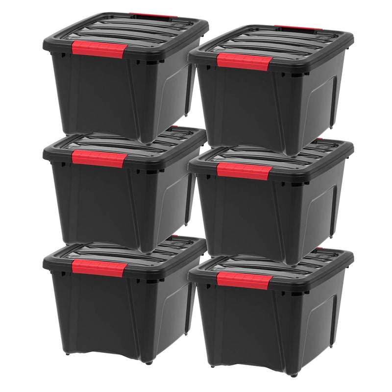 IRIS USA 19 Qt Stackable Plastic Storage Bins with Lids 6 Pack  BPAFree Made in USA  Garage Organizing Solution Latches Durable Nestable Containers Secure Pull Handle  Black