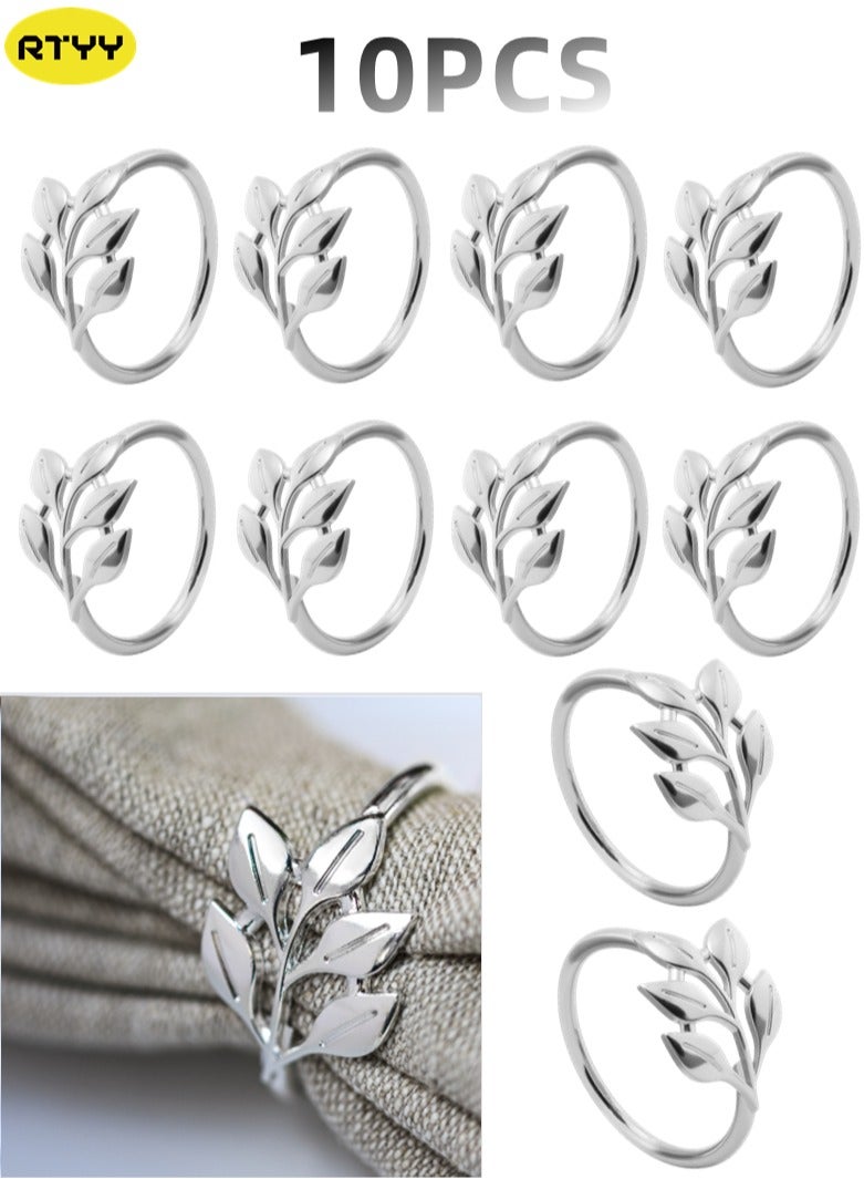 RTYY ١٠ قطع من حلقات المناديل المعدنية الفضية، حلقات مناديل على شكل أوراق شجر فضية، حلقات مناديل عتيقة لفصل الخريف، حلقات مناديل فضية للعطلات، حاملات دائرية لتزيين طاولة العائلة، عشاء احتفالي، حفلات زفاف، أعياد ميلاد. - Image 1
