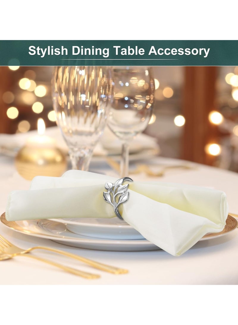 RTYY ١٠ قطع من حلقات المناديل المعدنية الفضية، حلقات مناديل على شكل أوراق شجر فضية، حلقات مناديل عتيقة لفصل الخريف، حلقات مناديل فضية للعطلات، حاملات دائرية لتزيين طاولة العائلة، عشاء احتفالي، حفلات زفاف، أعياد ميلاد. - Image 3