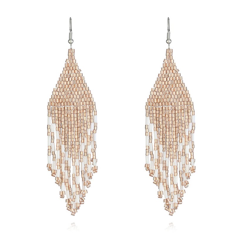 Uarein Color Boho Rice Beads Tassel Earrings.Multicolor Long Beaded Dangle Earrings Handmade Woven Drop Earrings Jewelry Gifts for Women (Champagne) - Image 1
