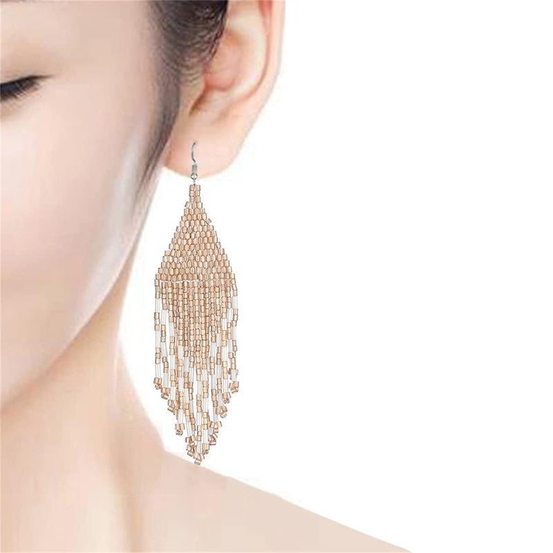 Uarein Color Boho Rice Beads Tassel Earrings.Multicolor Long Beaded Dangle Earrings Handmade Woven Drop Earrings Jewelry Gifts for Women (Champagne) - Image 3