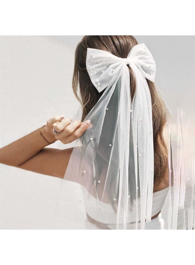 Pearl Bow Hair Clips Bridal Veil Wedding Tulle Big Bow with Clip Bowknot Spring Snap Hair Barrettes for Women - Image 1