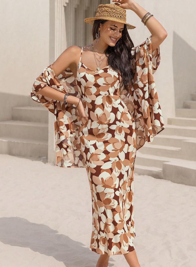 Take Two All-Over Print Strappy Midi Dress with Open Front Cardigan Set - Image 1