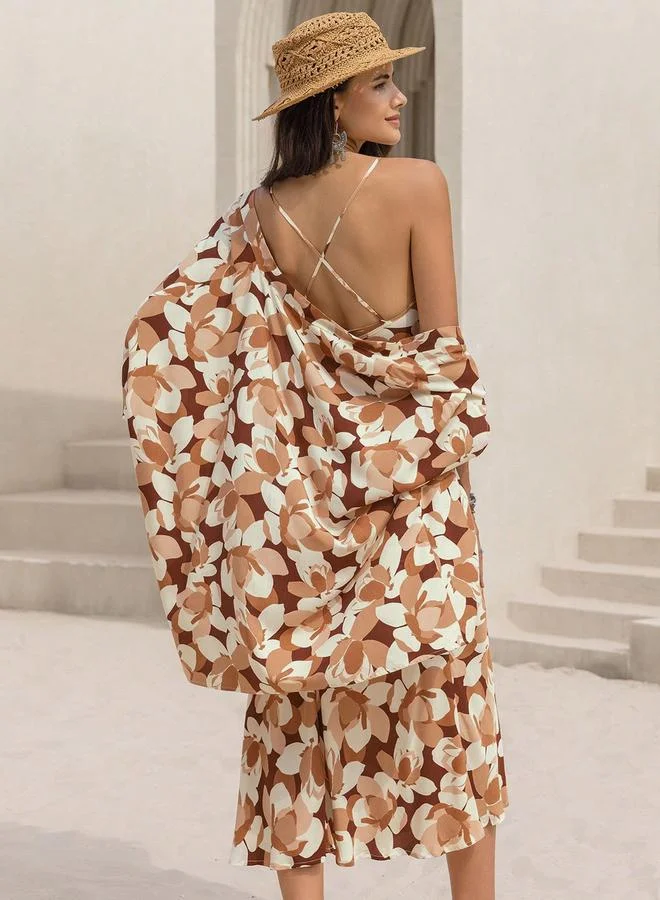 تايك تو Take Two All-Over Print Strappy Midi Dress with Open Front Cardigan Set