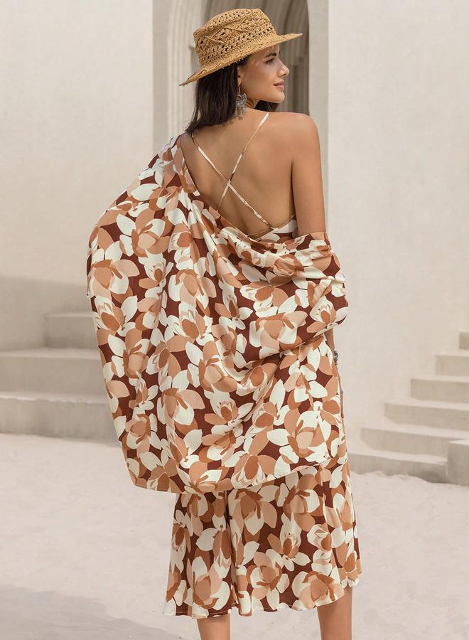 Take Two All-Over Print Strappy Midi Dress with Open Front Cardigan Set - Image 2