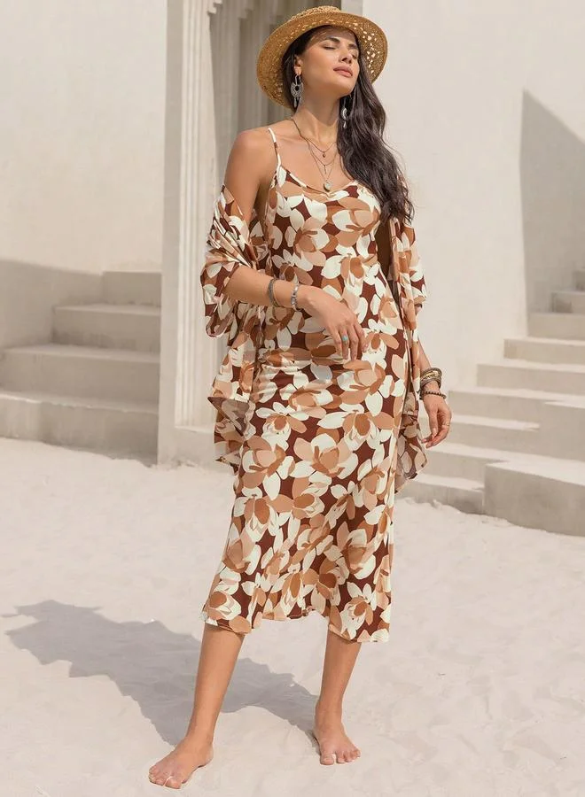 تايك تو Take Two All-Over Print Strappy Midi Dress with Open Front Cardigan Set