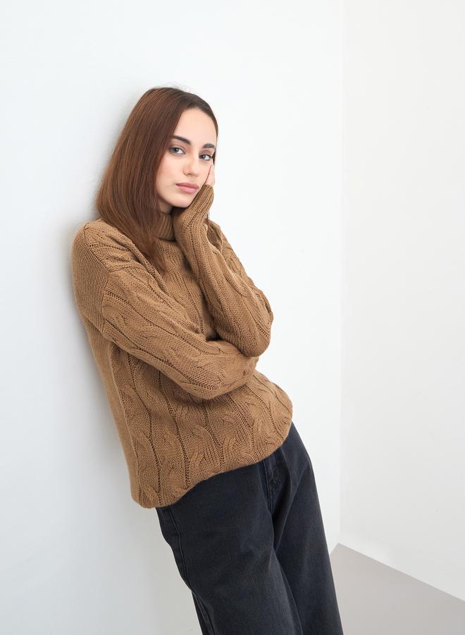 Styli Tan Cable Knit Longline Sweater - Image 1