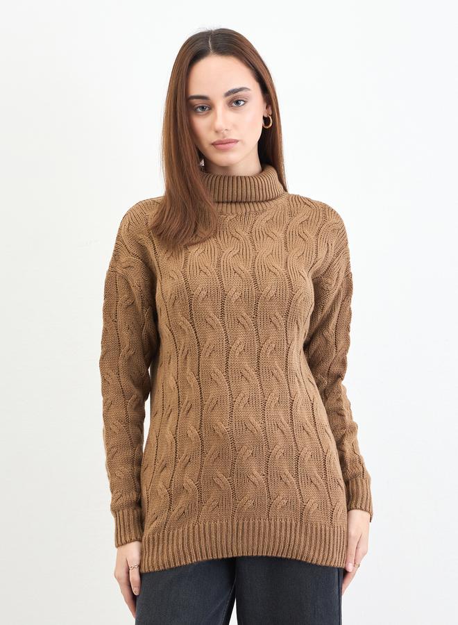 Styli Tan Cable Knit Longline Sweater - Image 2