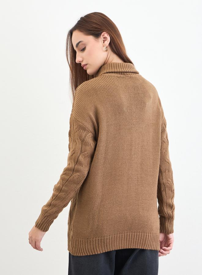 Styli Tan Cable Knit Longline Sweater - Image 5