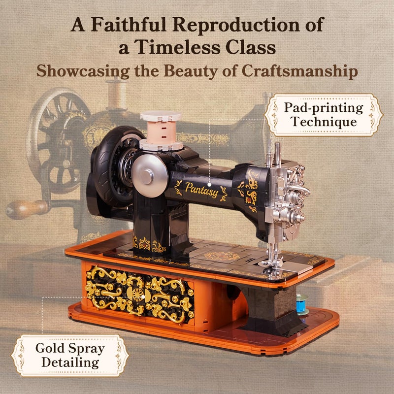 PANTASY Retro Building Set, Vintage Hand Crank Sewing Machine Brick Model, Collectible with Functional Gear Linkage, Hidden Mini Tailor Shop Scene, Adult Display and Desk Decor Gift - Image 2