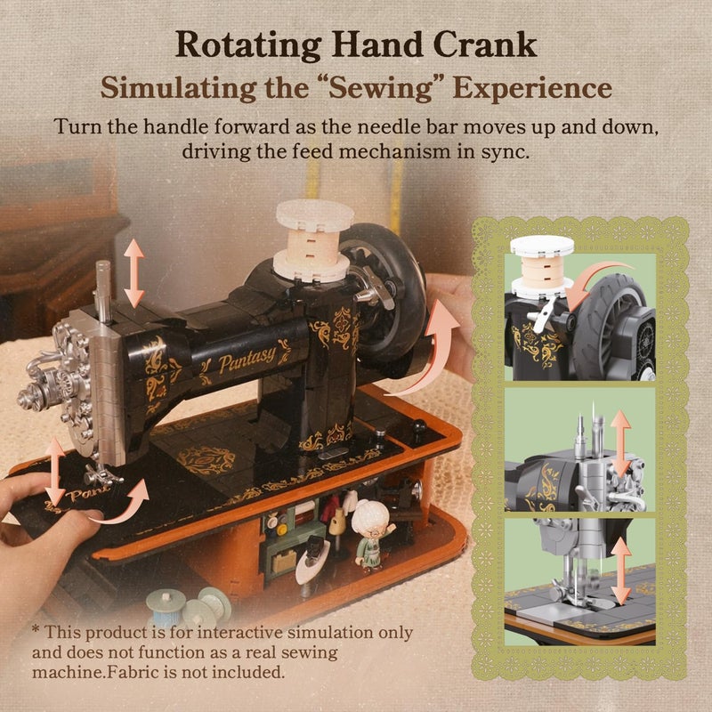 PANTASY Retro Building Set, Vintage Hand Crank Sewing Machine Brick Model, Collectible with Functional Gear Linkage, Hidden Mini Tailor Shop Scene, Adult Display and Desk Decor Gift - Image 3