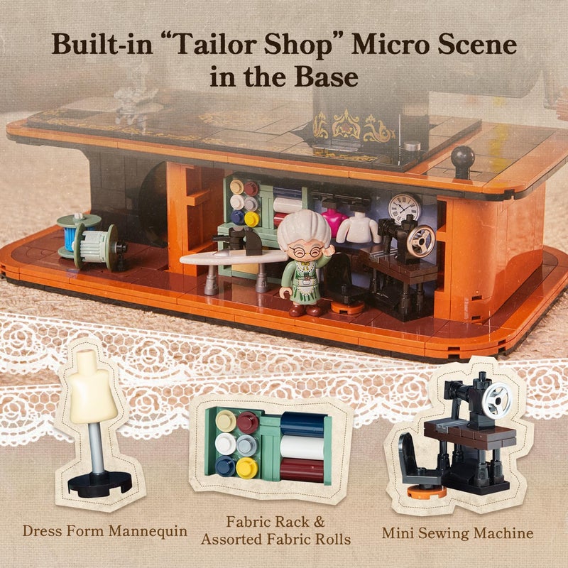 PANTASY Retro Building Set, Vintage Hand Crank Sewing Machine Brick Model, Collectible with Functional Gear Linkage, Hidden Mini Tailor Shop Scene, Adult Display and Desk Decor Gift - Image 4