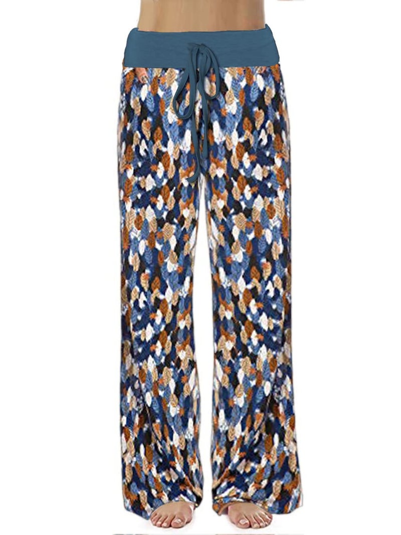 iChunhua Women's Stretchy Palazzo Pajama Pants Casual Loose Leaf Print Pj Night Bottoms Sky Blue L - Image 2