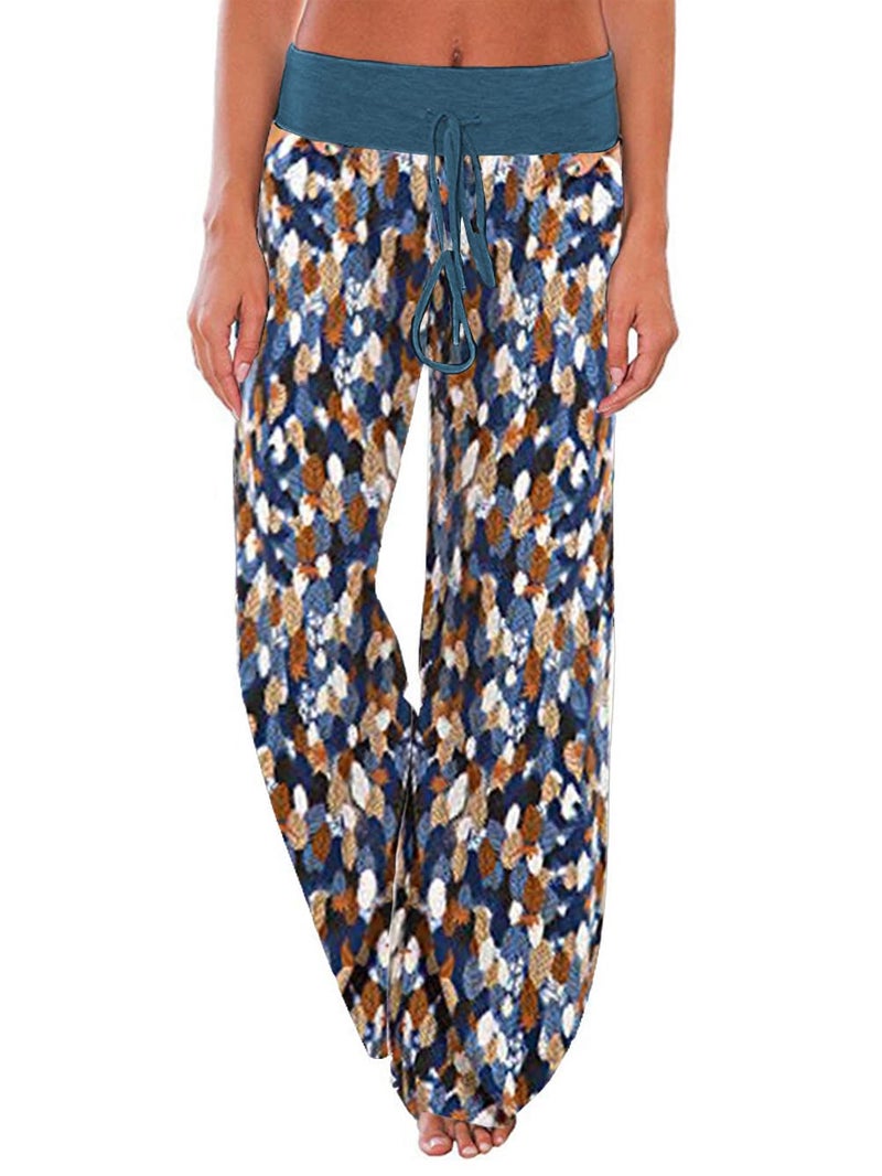 iChunhua Women's Stretchy Palazzo Pajama Pants Casual Loose Leaf Print Pj Night Bottoms Sky Blue L - Image 1