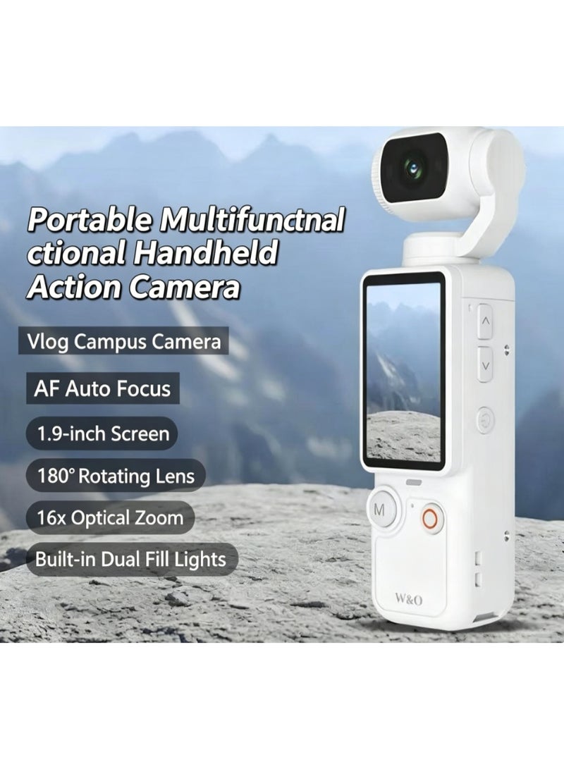 W&O 4K Ultra HD Handheld Action Camera with 180° Rotating Lens and Anti-Shake, White - Image 1