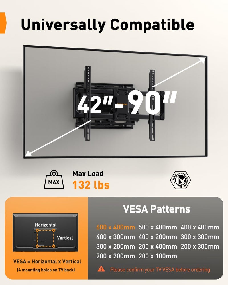 Perlegear UL Listed Full Motion TV Wall Mount for 42-90 inch TVs up to 132 lbs, TV Mount with Dual Articulating Arms, Tool-Free Tilt, Swivel, Extension, Leveling, Max VESA 600x400mm, 16" Studs, PGLF8. - Image 2