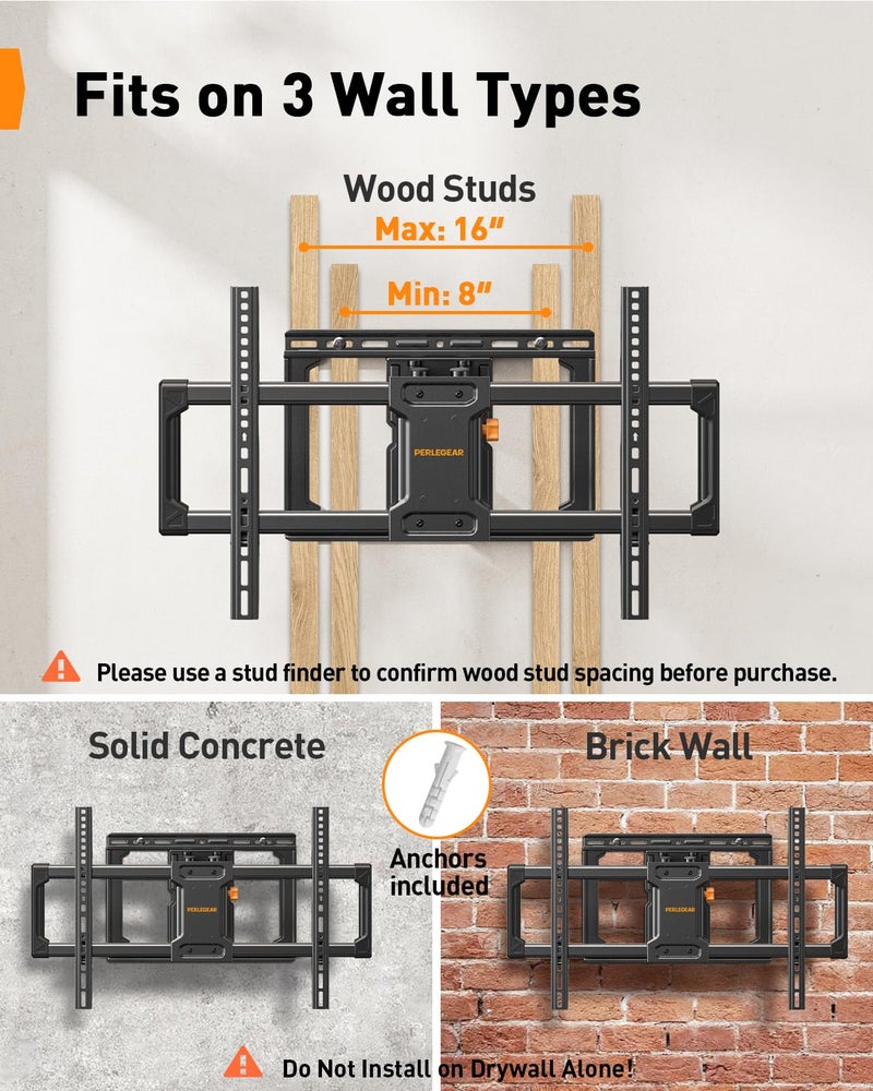 Perlegear UL Listed Full Motion TV Wall Mount for 42-90 inch TVs up to 132 lbs, TV Mount with Dual Articulating Arms, Tool-Free Tilt, Swivel, Extension, Leveling, Max VESA 600x400mm, 16" Studs, PGLF8. - Image 3