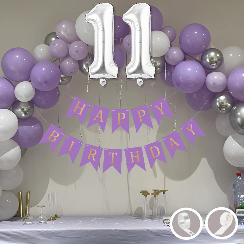 Flyloons 11th Birthday Decoration Items Purple and White Theme Combination for Boys Girls | 30 Pcs Purple White Silver Color Balloons | Purple Happy Birthday Banner | Arch Tape | Glue Dots - Image 5