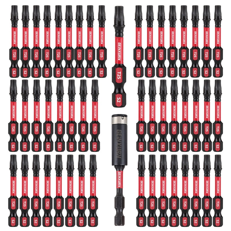 GEINXURN 50 Pieces T25 2 In. Impact Tough Magnetic #25 Torx Head Power Bits, S2 Alloy Steel T25 Screwdriver Bits Set with 1Pcs Impact Bit Holder - Image 1