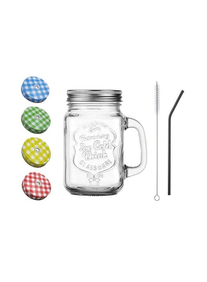 SAVE™ Mason Jar with Black Stainless Steel Straw and handle | Stylish Embossing Design | 450 ml | Multicolour Lid with Hole (Bent Straw + Cleaning Brush) - Image 1