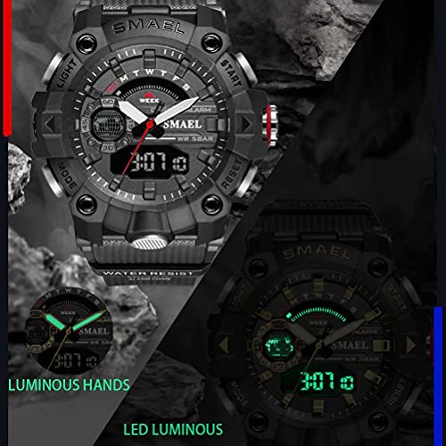 SMAEL Men's Analog-Digital Sport Watch Outdoor Military Army Green Wristwatch with Alarm Dual Time Waterproof LED Stopwatch - Image 4