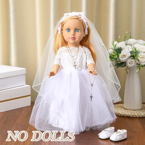 RoundFunny 7 Pcs 18 Inches American Doll Clothes Outfit First Communion Dress with Matching Headband Veil Bracelet Shoes Socks Necklaces Fit 18 Inches Dolls Doll Not IncludedFloral Headband - Image 5