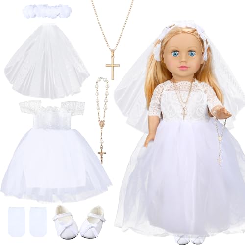 RoundFunny 7 Pcs 18 Inches American Doll Clothes Outfit First Communion Dress with Matching Headband Veil Bracelet Shoes Socks Necklaces Fit 18 Inches Dolls Doll Not IncludedFloral Headband - Image 1