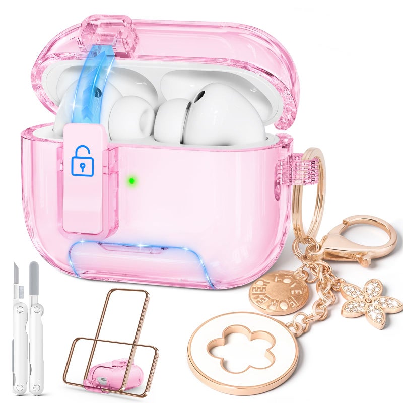 Joremx for Airpods Pro 3 Case 2025 Clear, Joremx Cute Soft TPU Cover for Airpods Pro 3rd Generation Case Cover with Cleaning Kit Lock & Bling Keychain, Phone Holder Function (Lock Pink) - Image 1