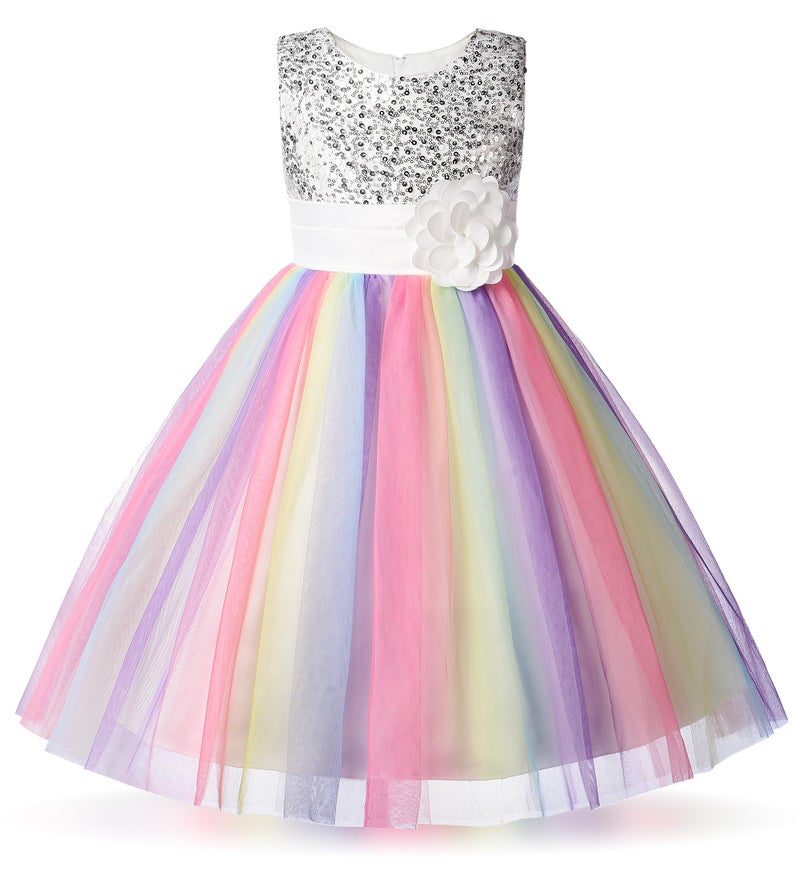 Uhnice Little Girl's Sequin Sleeveless Mesh Rainbow Dress for Wedding Party (White, 6-7/140) - Image 1