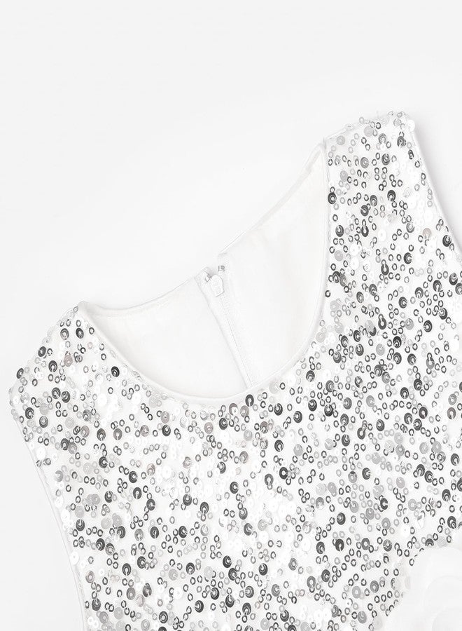 Uhnice Little Girl's Sequin Sleeveless Mesh Rainbow Dress for Wedding Party (White, 6-7/140) - Image 4