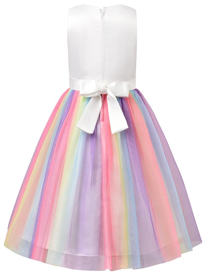 Uhnice Little Girl's Sequin Sleeveless Mesh Rainbow Dress for Wedding Party (White, 6-7/140) - Image 3