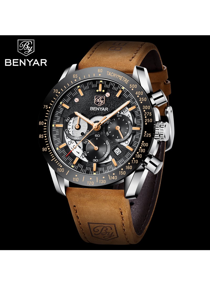 BENYAR Watches for Men Luxury Quartz Water Resistant Watch Men's Chronograph Genuine Leather Strap 5120 Brown - Image 3