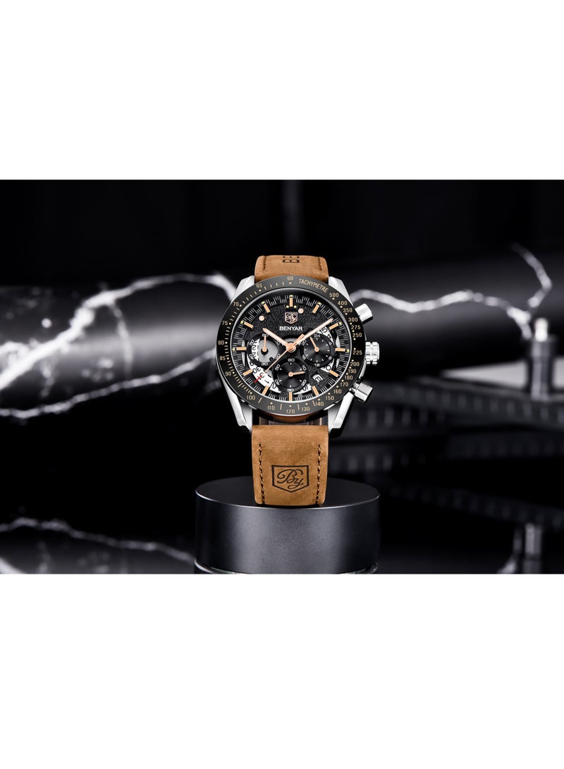 BENYAR Watches for Men Luxury Quartz Water Resistant Watch Men's Chronograph Genuine Leather Strap 5120 Brown - Image 5