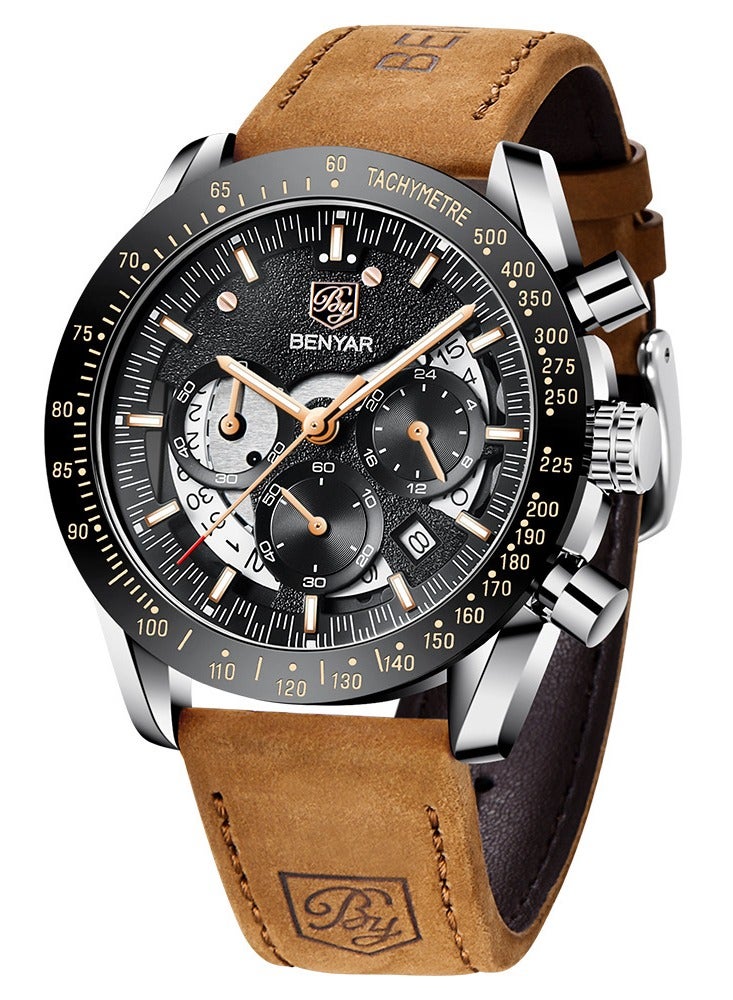 BENYAR Watches for Men Luxury Quartz Water Resistant Watch Men's Chronograph Genuine Leather Strap 5120 Brown - Image 1